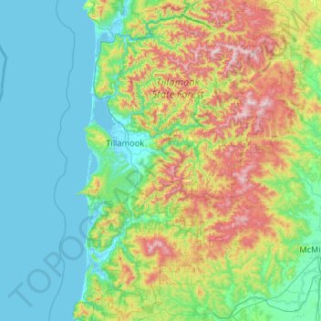 Mappa topografica Tillamook County, altitudine, rilievo