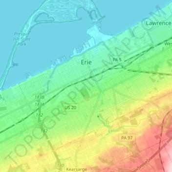Mappa topografica Erie, altitudine, rilievo