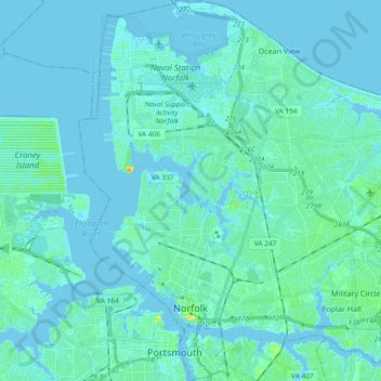 Mappa topografica Norfolk, altitudine, rilievo