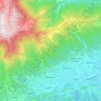 Mappa topografica Possagno, altitudine, rilievo
