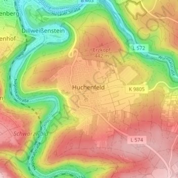 Mappa topografica Huchenfeld, altitudine, rilievo
