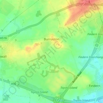 Mappa topografica Burnaston CP, altitudine, rilievo