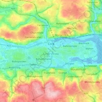 Mappa topografica Cork City, altitudine, rilievo