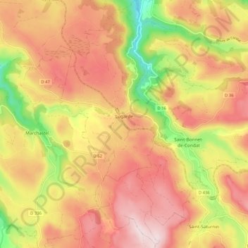 Mappa topografica Lugarde, altitudine, rilievo