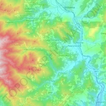 Mappa topografica Castel Focognano, altitudine, rilievo