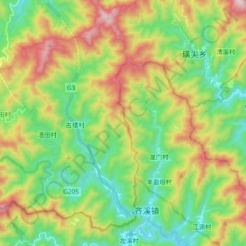 Mappa topografica 龙田乡, altitudine, rilievo