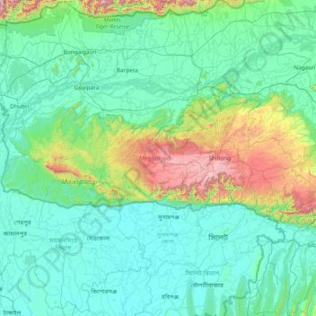 Mappa topografica Meghalaya, altitudine, rilievo