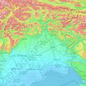 Mappa topografica Friuli-Venezia Giulia, altitudine, rilievo