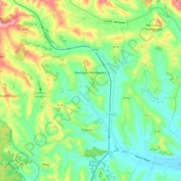 Mappa topografica Montiglio Monferrato, altitudine, rilievo