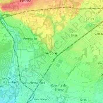 Mappa topografica Arcore, altitudine, rilievo