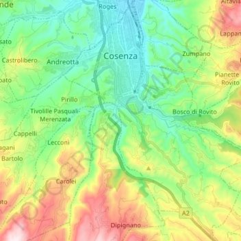 Mappa topografica Cosenza, altitudine, rilievo