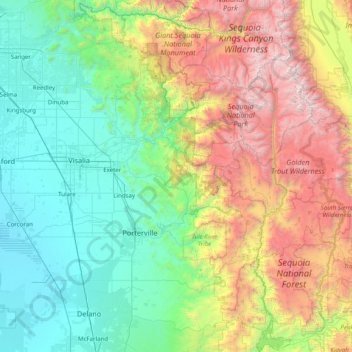 Mappa topografica Tulare County, altitudine, rilievo