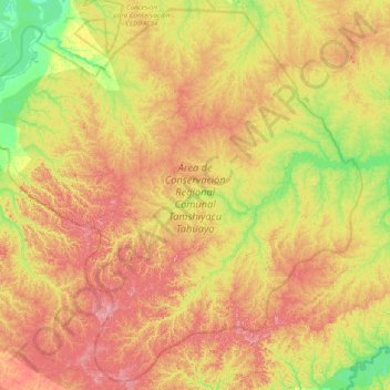 Mappa topografica Área de Conservación Regional Comunal Tamshiyacu Tahuayo, altitudine, rilievo
