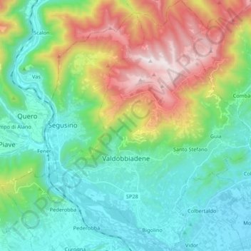 Mappa topografica Valdobbiadene, altitudine, rilievo