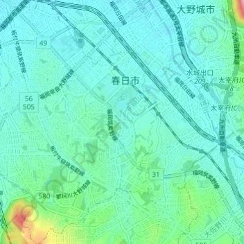 Mappa topografica 春日市, altitudine, rilievo