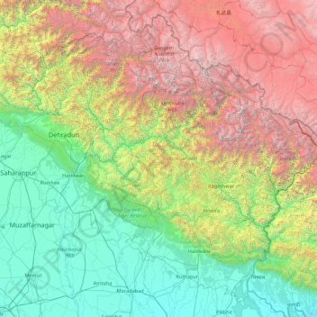 Mappa topografica Uttarakhand, altitudine, rilievo