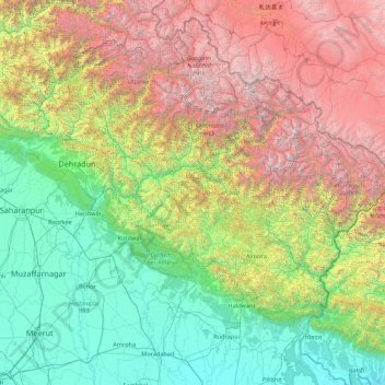 Mappa topografica Uttarakhand, altitudine, rilievo