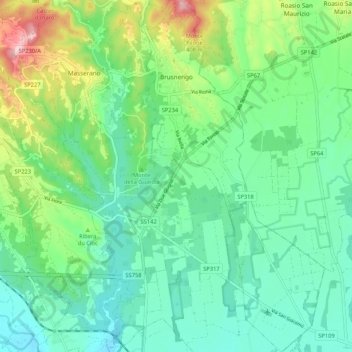 Mappa topografica Brusnengo, altitudine, rilievo