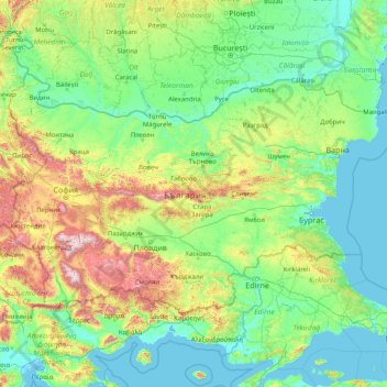 Mappa topografica Bulgaria, altitudine, rilievo