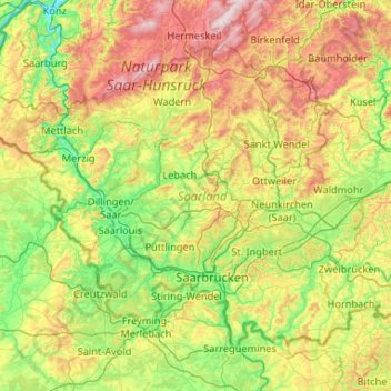 Mappa topografica Saarland, altitudine, rilievo