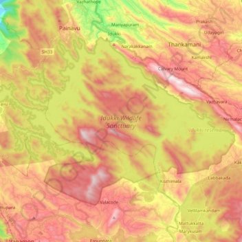Mappa topografica Idukki WLS, altitudine, rilievo