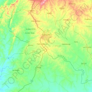 Mappa topografica Sampués, altitudine, rilievo