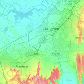 Mappa topografica Gurgaon, altitudine, rilievo