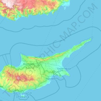 Mappa topografica Cipro del Nord, altitudine, rilievo