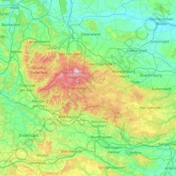 Mappa topografica Harz, altitudine, rilievo