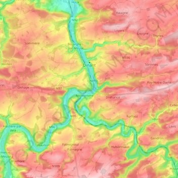 Mappa topografica Dinant, altitudine, rilievo