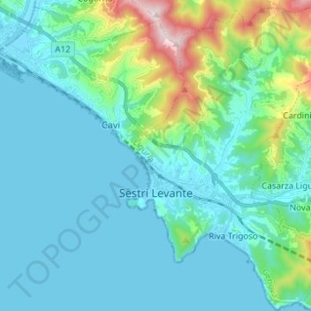 Mappa topografica Sestri Levante, altitudine, rilievo