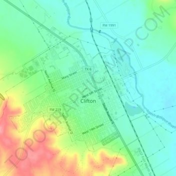 Mappa topografica Clifton, altitudine, rilievo