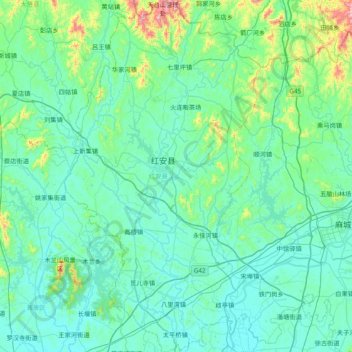 Mappa topografica 红安县, altitudine, rilievo