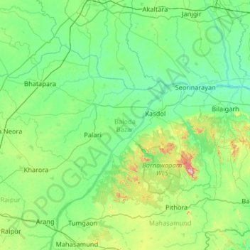 Mappa topografica Baloda Bazar, altitudine, rilievo