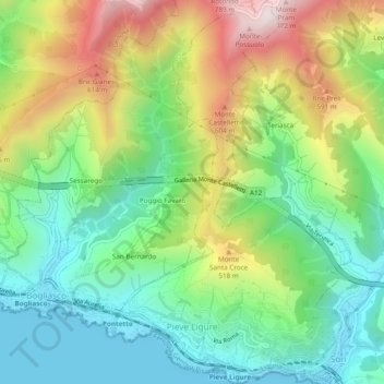 Mappa topografica Pieve Ligure, altitudine, rilievo
