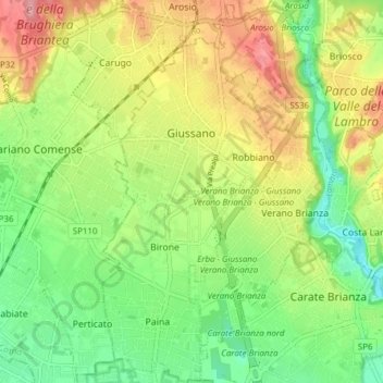 Mappa topografica Giussano, altitudine, rilievo