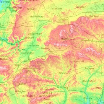 Mappa topografica Wiltshire, altitudine, rilievo