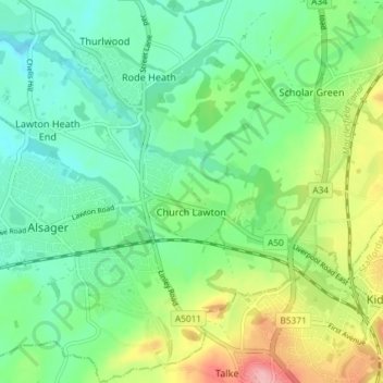 Mappa topografica Church Lawton, altitudine, rilievo