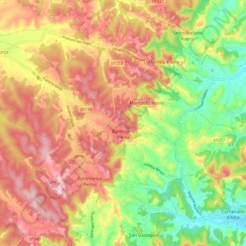 Mappa topografica Baldissero d'Alba, altitudine, rilievo