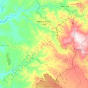 Mappa topografica Meana Sardo, altitudine, rilievo