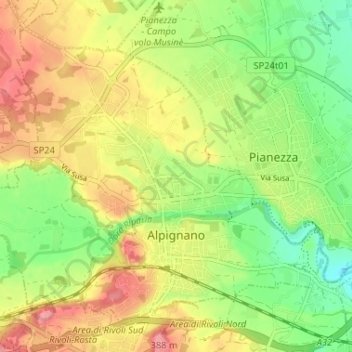 Mappa topografica Alpignano, altitudine, rilievo