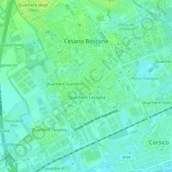 Mappa topografica Cesano Boscone, altitudine, rilievo