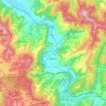 Mappa topografica Saliceto, altitudine, rilievo