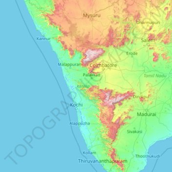 Mappa topografica Kerala, altitudine, rilievo