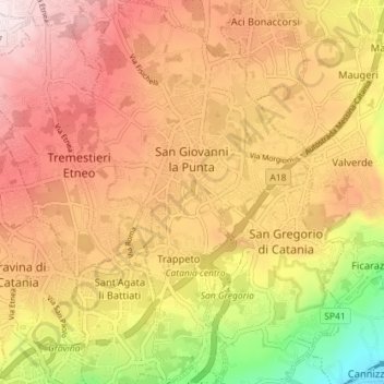 Mappa topografica San Giovanni la Punta, altitudine, rilievo