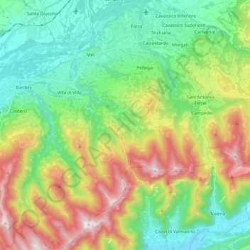 Mappa topografica Mel, altitudine, rilievo