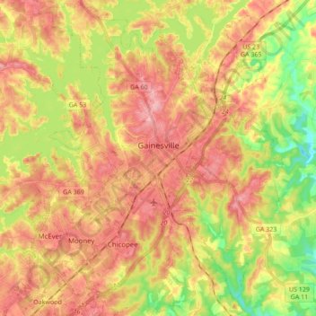 Mappa topografica Gainesville, altitudine, rilievo