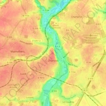 Mappa topografica Chartres, altitudine, rilievo