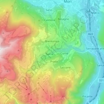 Mappa topografica Brentonico, altitudine, rilievo