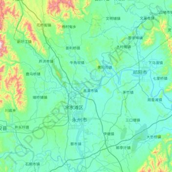 Mappa topografica 冷水滩区, altitudine, rilievo